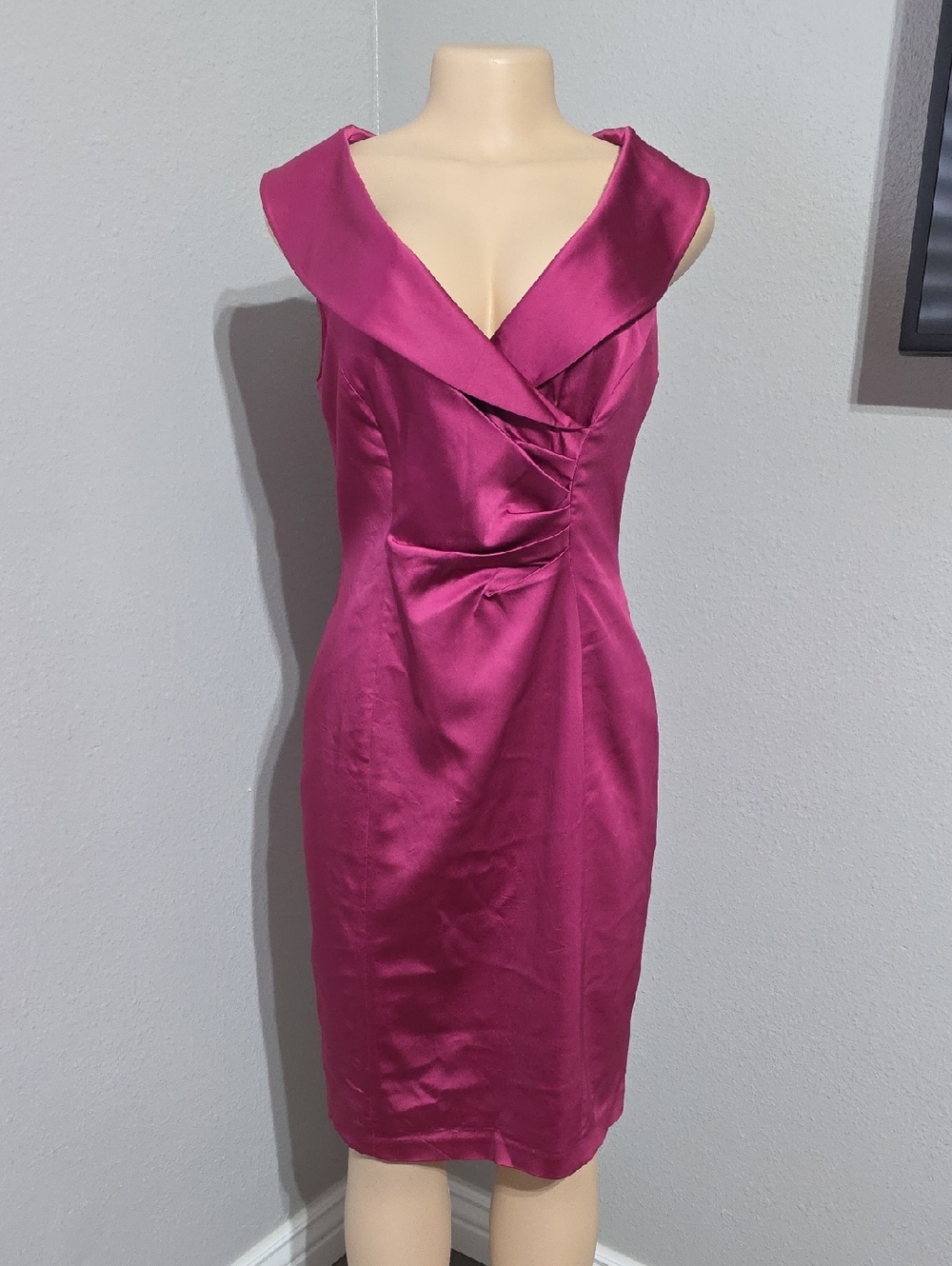 Kay Unger Magenta Satin Midi Dress with Draped Collar Size 8